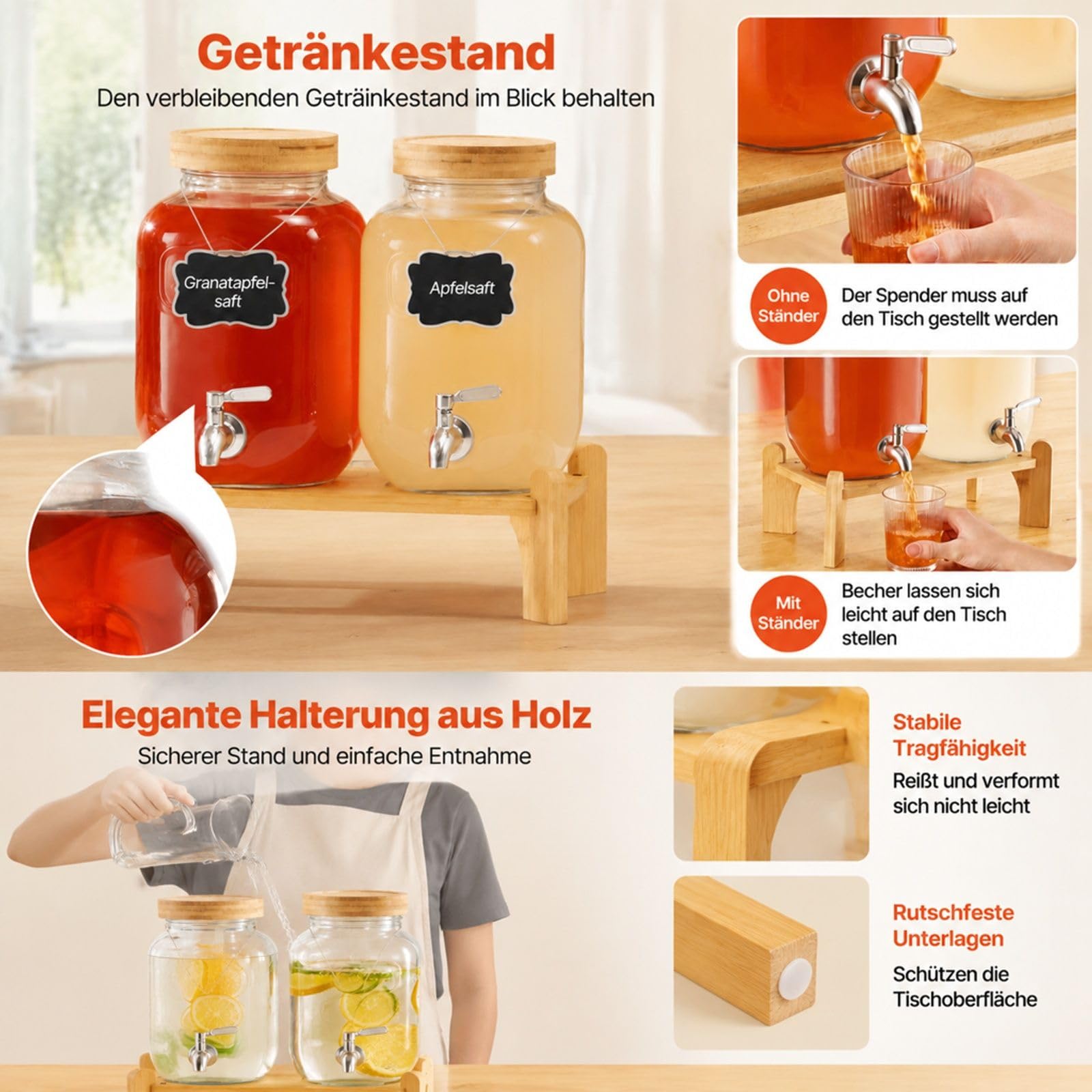 Getränkespender aus Glas 2 Stück, je 3,8 L, mit Zapfhahn und Ständer, für Saft, Kaffee, Partys und Bars