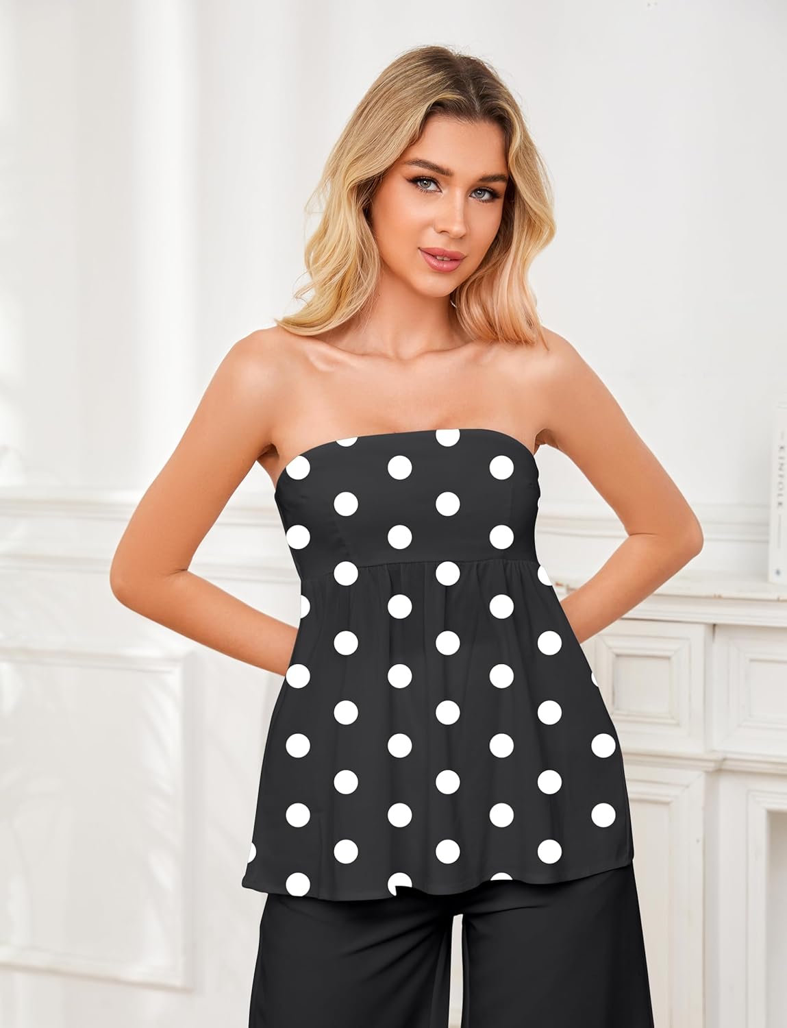 Ythomm レディース フリルヘム バンドゥ チューブ トップス カジュアル ノースリーブ ストラップレス ペプラム 流れるような