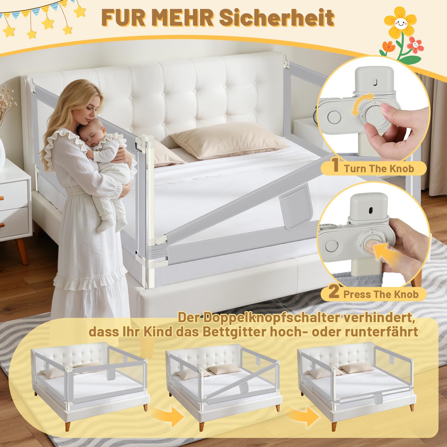 2X Barrera de Cama para Niños 200 cm, Barandilla de Seguridad Abatible con Altura Regulable 64-96 cm, Protección Anticaídas con Doble Botón y Malla Transpirable, fácil Montaje, Gris