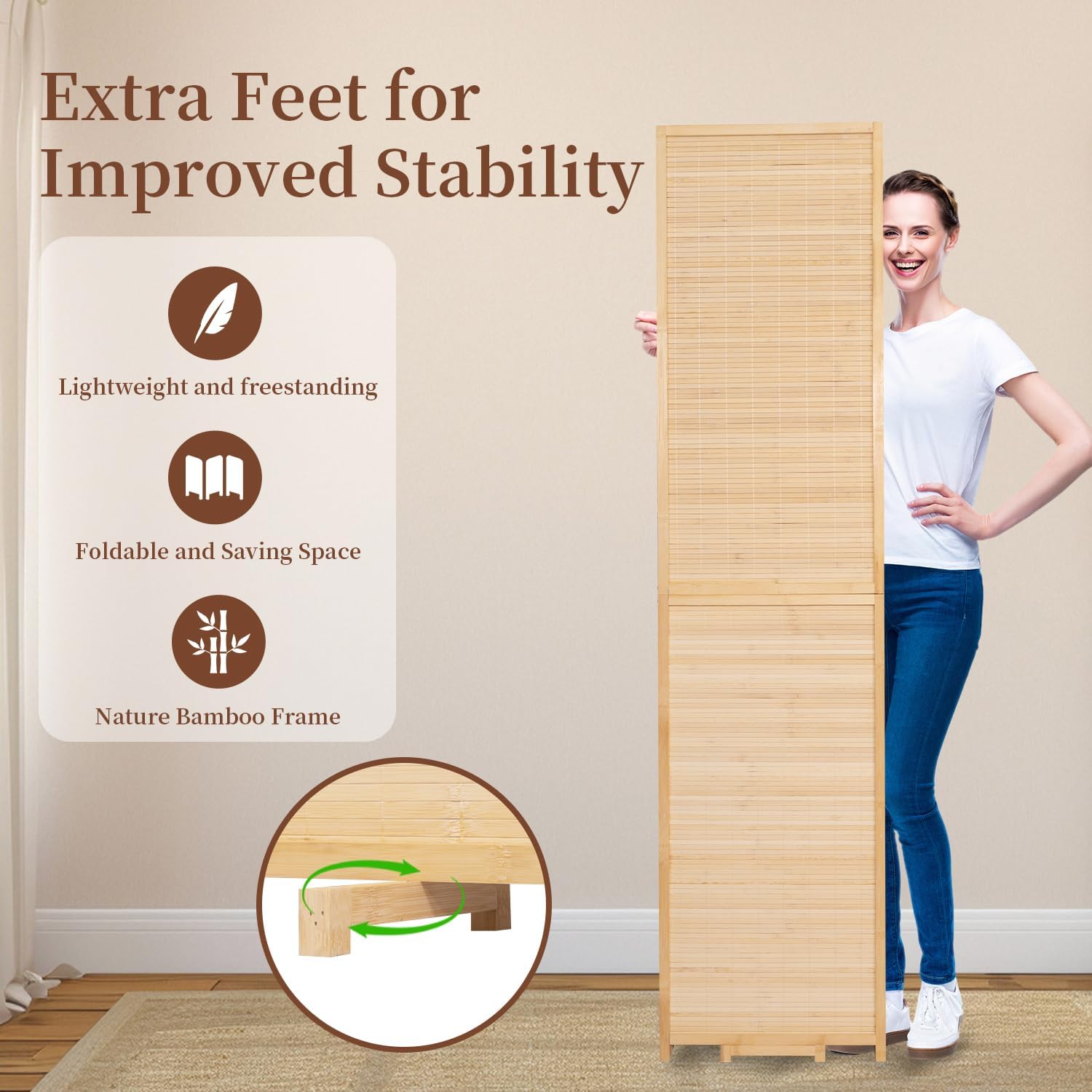 Bamboo Room Divider 6 Panel Wall Divider, 106'' W x 67'' H Folding Design with Extra Stable Base, 100% Bamboo Room Divider Screen for Room Separation, Chinese Room Partitions and Dividers Freestanding