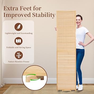 Bamboo Room Divider 6 Panel Wall Divider,Folding Screen W/Extra Stable Base