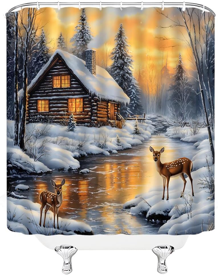 Winter Christmas Deer Shower Curtain Xmas Reindeer Cabin Nature Forest Snowy Scenery Farmhouse Holiday Bathroom Polyester Fabric Curtains with Hooks 90Wx70H Inch