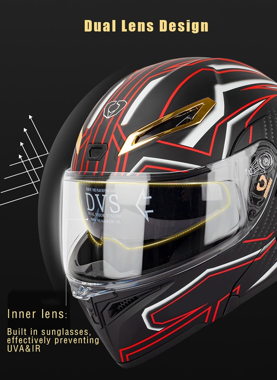 Moto Flip Up Casco Modulare, Casco Full Face Casco Modulare ECE Approvato Pieghevole Modulare Integrale Caschi Moto Con Doppia Lente, S ~ XL