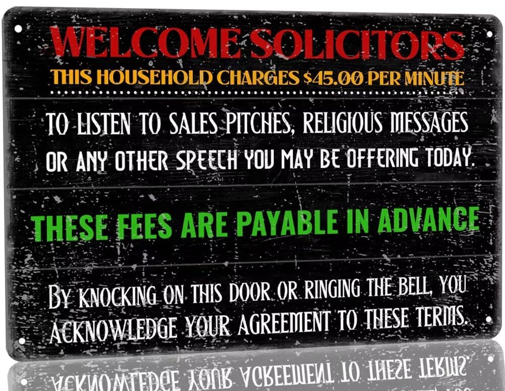 SMAZDFXX Vintage Welcome Solicitors Metal Sign Funny Front Door Sign-This Household Charges $45.00 Per Minute No Soliciting Signs for House Home Door Yard Sign Decor 12"x16"