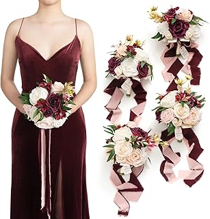 Ling's Moment Red Bridesmaid Bouquet Set of 4, Marsala and Blush Wedding Bouquets for Bridesmaids, 9'' Maid of Honor Bouquet + 7'' Bridesmaids Bouquets x3 for Wedding Decor,Anniversary, etc.