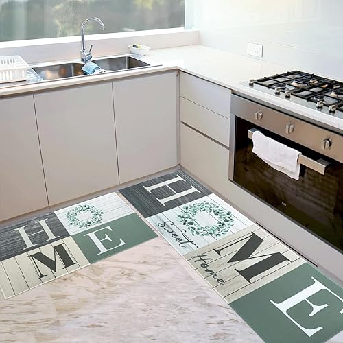 Miniatura 8 de Juego de 2 tapetes de cocina florales, tapetes de cocina modernos de grano de madera para el suelo, alfombras de pasillo color morado lavanda,