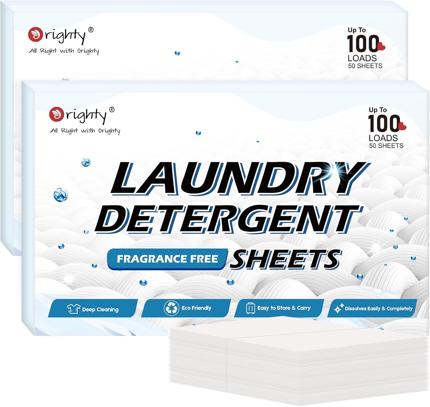ORIGHTY Laundry Detergent Sheets, 100 Sheets Fragrance Free, Hypoallergenic Laundry Detergent Strips, Travel-Friendly Detergent Sheet, No Plastic Jug, 2 Count (Pack of 50)