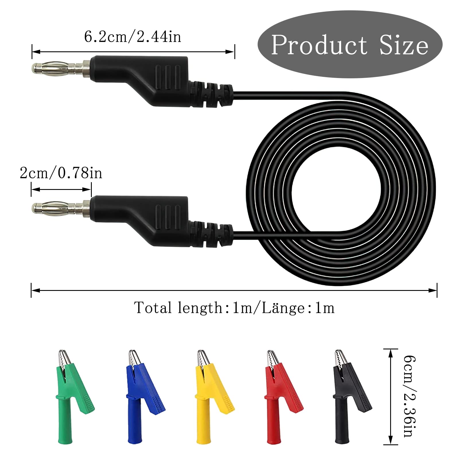 Puntali Multimetro Con Clip Coccodrillo - Set Da 5 Cavi Da 1m, 4mm - Foto 2
