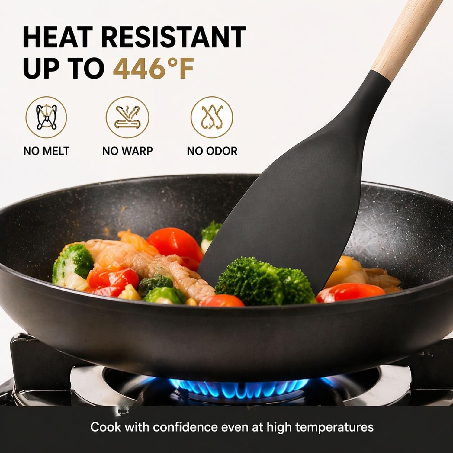 Silicone Cooking Utensils Set (12 PCS), Heat Resistant 446°F, Non-Stick Kitchen Tools with Wooden Handles – BPA Free, Durable, Dishwasher Safe, (Gray)