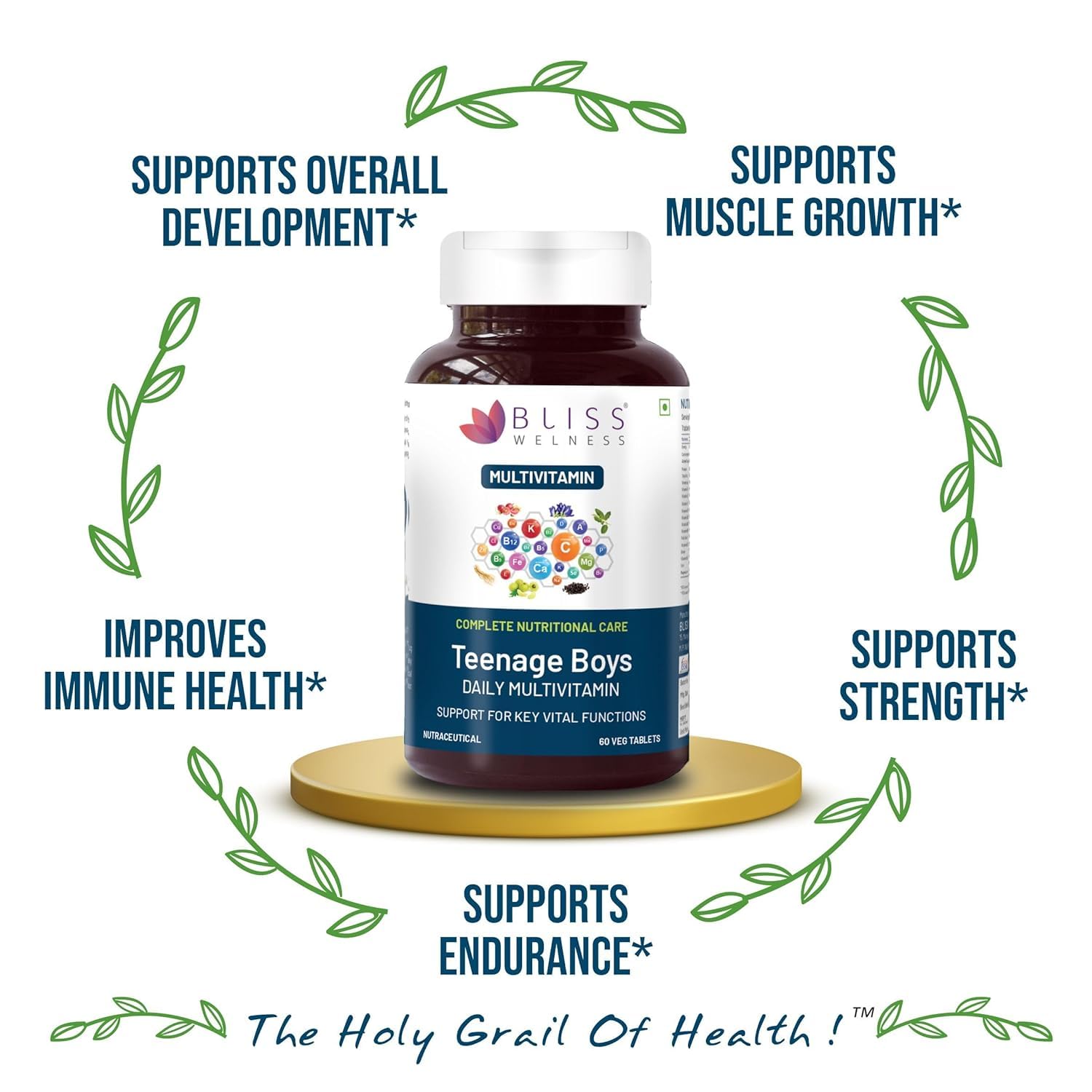 Bliss Wellness Multivitamin For Teenage Boy with Minerals, Brahmi, Shankpushpi, Ginkgo Biloba, Ginseng & Ashwagandha for Strength, Stamina, Immunity & Bone/Muscle Health - 60 Tablets Bliss Wellness Multivitamin For Teenage Boy with Minerals, Brahmi, Shankpushpi, Ginkgo Biloba, Ginseng & Ashwagandha for Strength, Stamina, Immunity & Bone/Muscle Health - 60 Tablets
