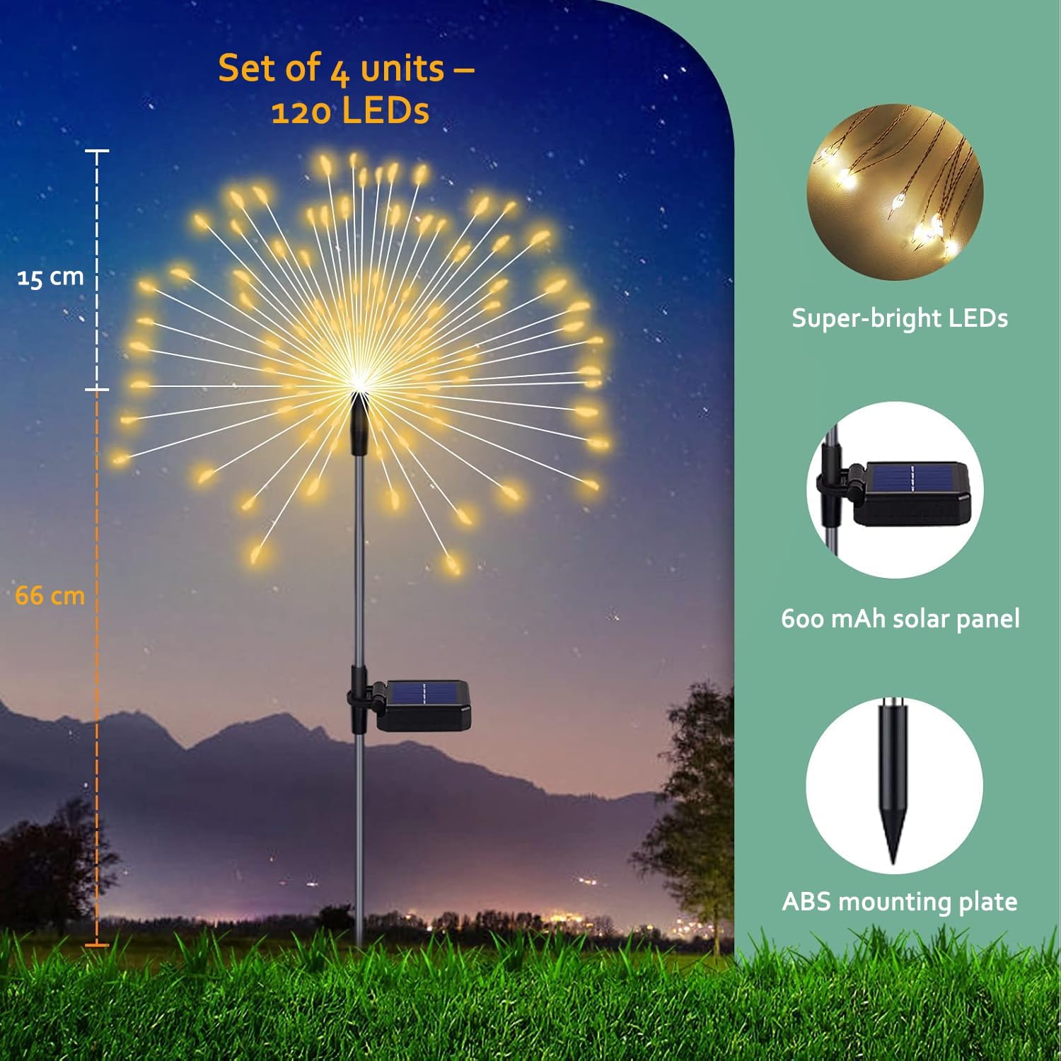 Maleyt Solar Garden Lights - 4 Pack 120 LED Starburst Lights, Outdoor Waterproof, 18 Hrs Working Time, Decor for Courtyard, Garden, Christmas Party (Warm White) (Warm White)