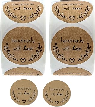 1000PCS Handmade with Love Stickers,1 Inch Small Round Brown Floral Heart Baking Stickers Label Bakery Sticker for Baked Goods Packaging, Envelope Seals, Small Business,Wedding,Birthday Gift Wrap Bag1