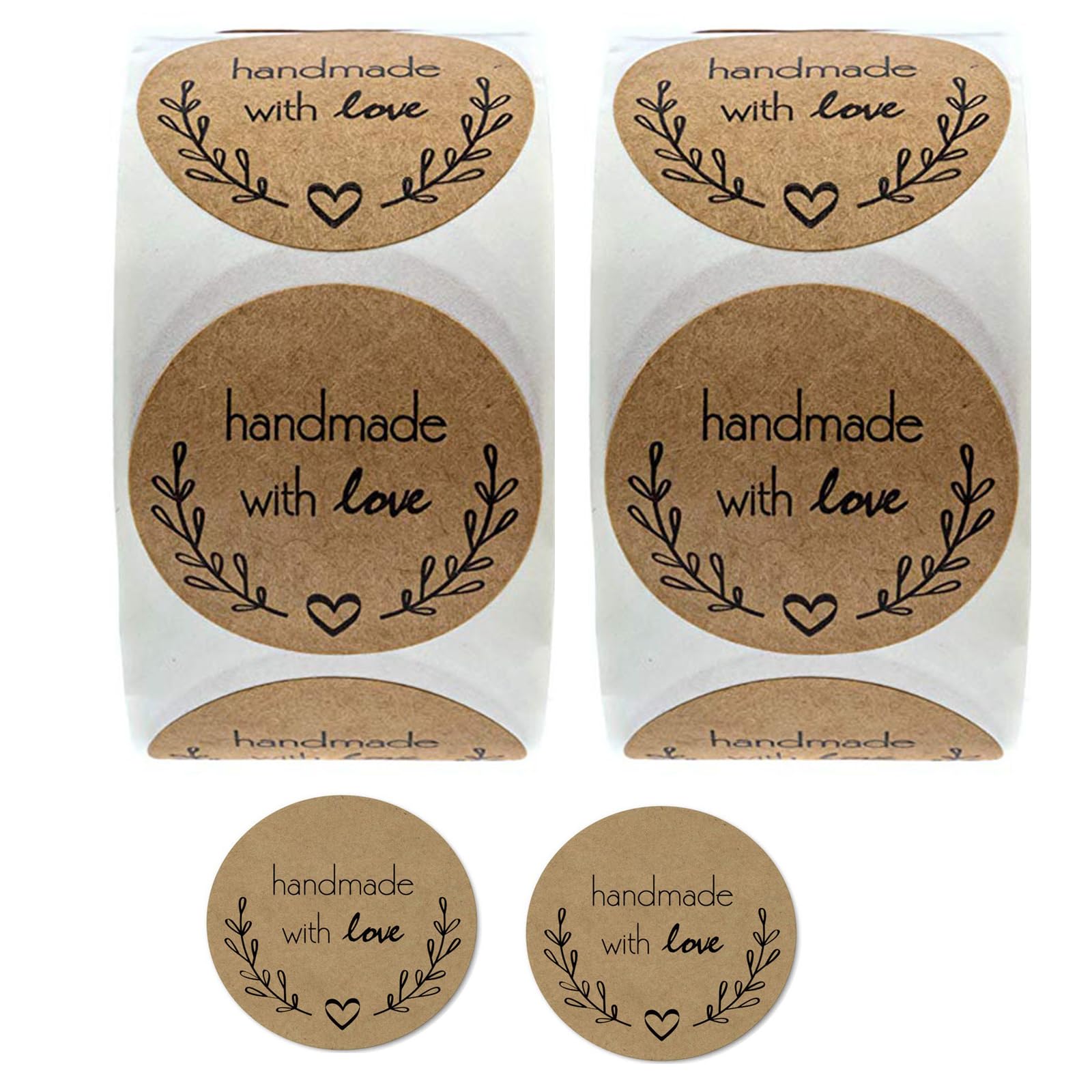1000PCS Handmade with Love Stickers,1 Inch Small Round Brown Floral Heart Baking Stickers Label Bakery Sticker for Baked Goods Packaging, Envelope