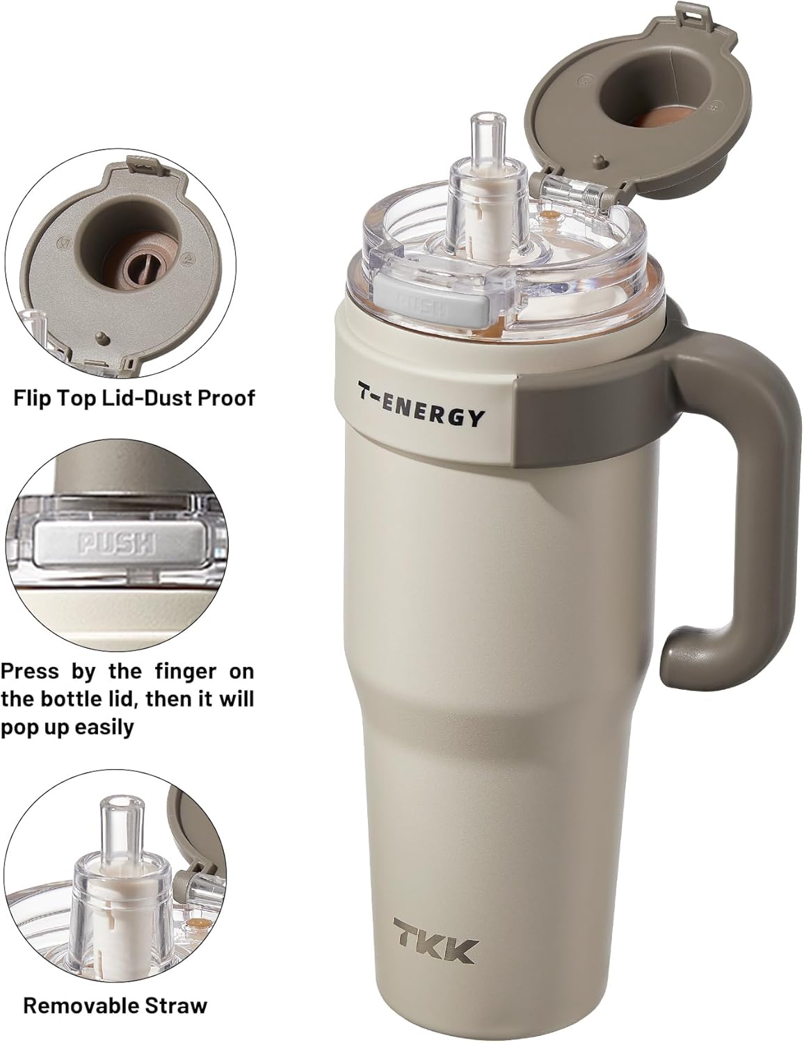 TKK 40 oz Tumblers with Handle and Straw, Ceramic Coating Insulated Bottle 100% Leakproof Travel Mug for Water, Iced Tea or Coffee, Smoothie, Cup Holder Friendly Base, Beige - Image 5