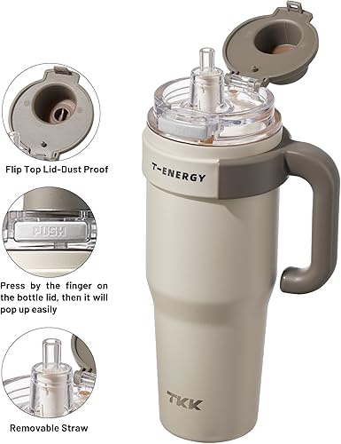 Miniatura 5 de TKK Vasos de 40 onzas con asa y popote, botella aislada con revestimiento de cerámica, taza de viaje 100% a prueba de fugas para agua, té helado o