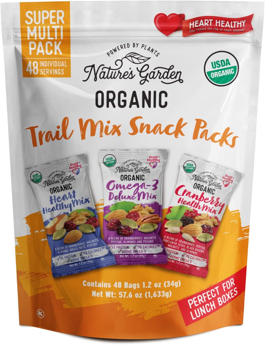 Nature's Garden Organic Trail Mix Snack Packs - Trail Mix Variety, Energy Boosting, Heart Healthy, Omega-3 Rich, Cranberries, Pumpkin Seeds, Individual Packs, Family - 1.2 Oz Bags (48 Individual Servings)