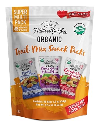 Natures Garden Organic Trail Mix Snack Packs - 57.6oz 48 x 1.2oz Individual Servings Trail Mix Variety, Energy Boosting, Heart Healthy, Omega-3 Rich, Cranberries, Pumpkin Seeds, Family Snack Pack
