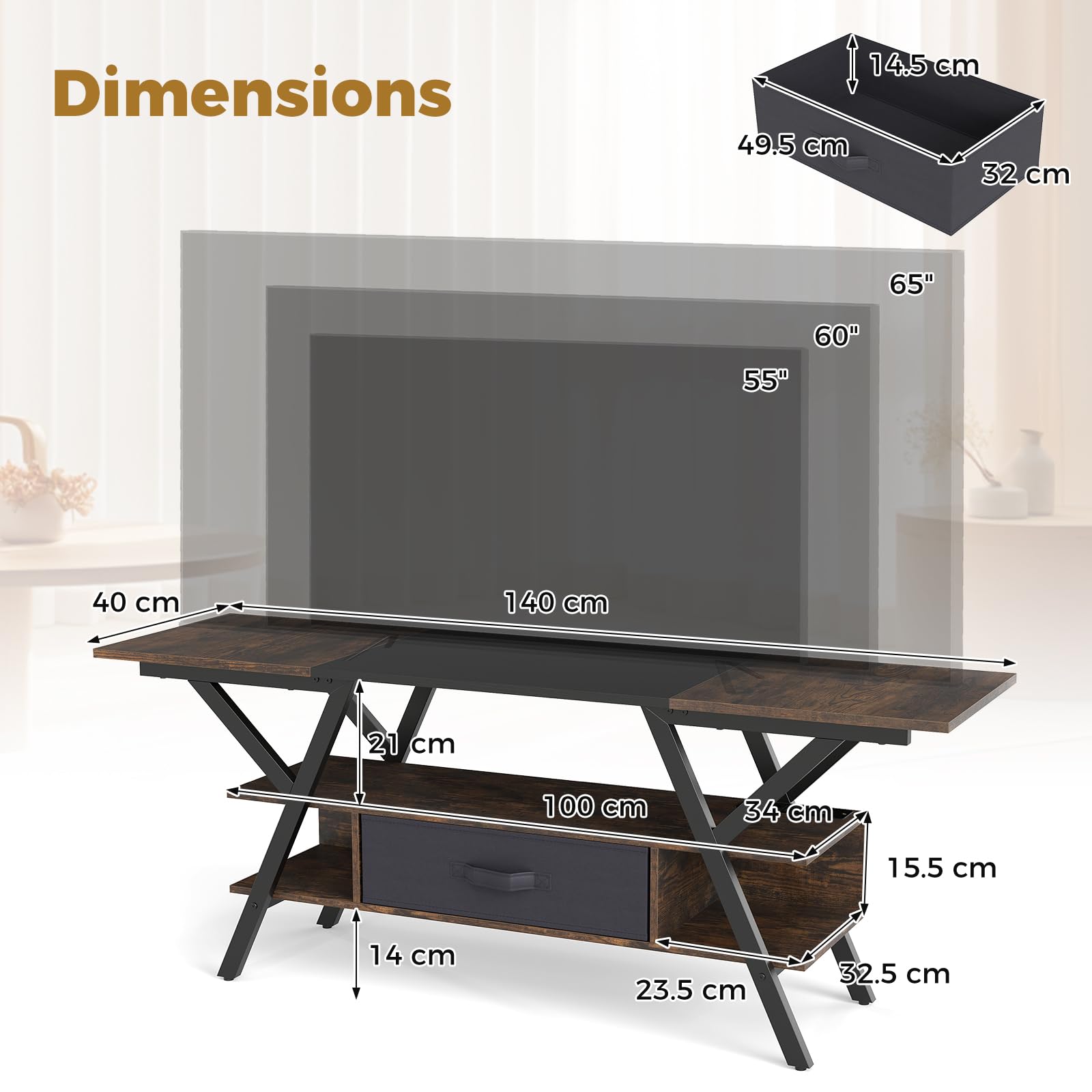GIANTEX Mueble de TV con Iluminación LED Ajustables, Mando a Distancia, Estación de Carga, para Televisor hasta 65 Pulgadas, Soporte de TV con Cajón de Tela y Estantes Abiertos, 140x40x54cm (Marrón)