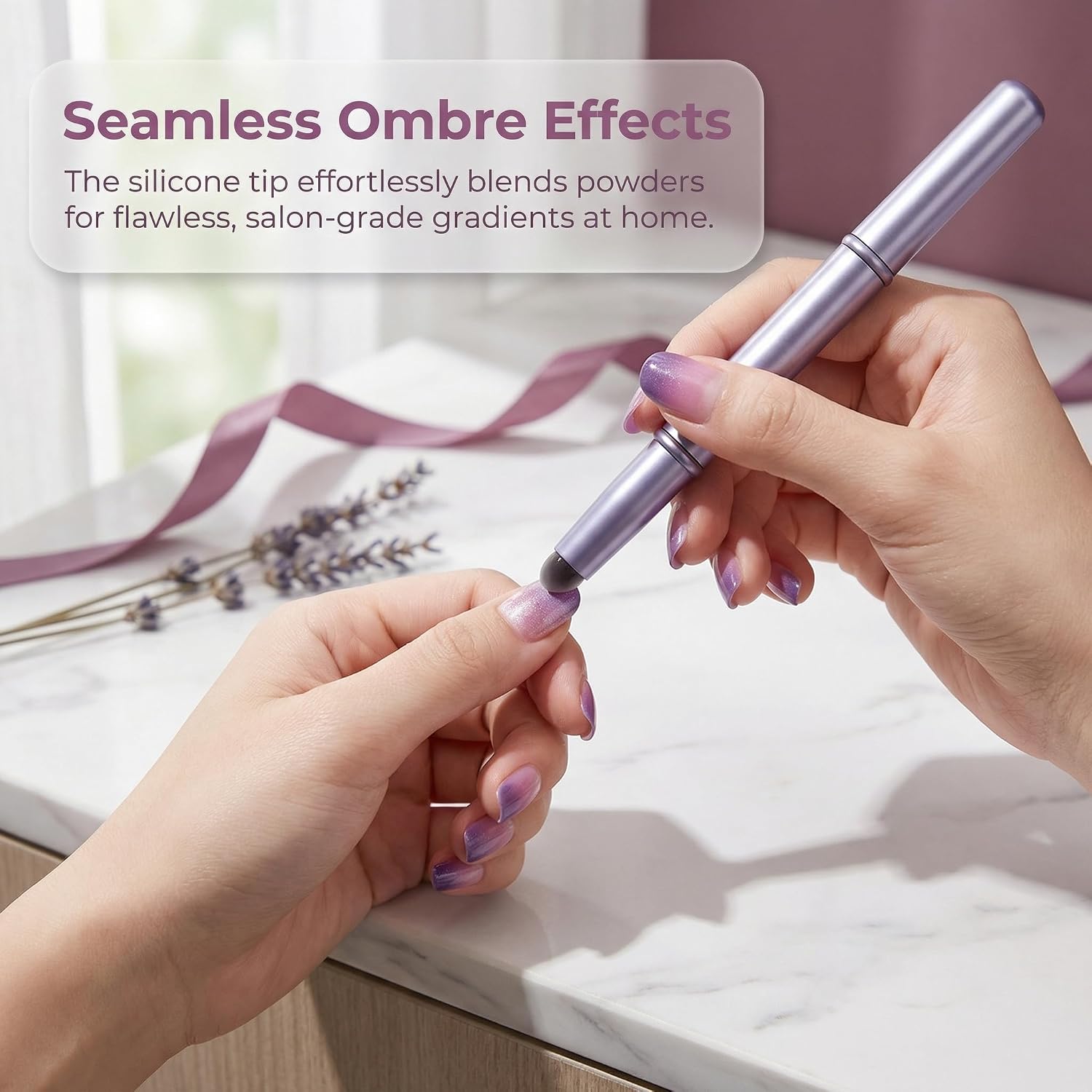 Chrome Applicator For Nails Silicone Double Ended Nail Powder Brush Pen Chrome Nail Powder Applicator Tool For Gradient Pigment Glitter Acrylic Manicure Purple