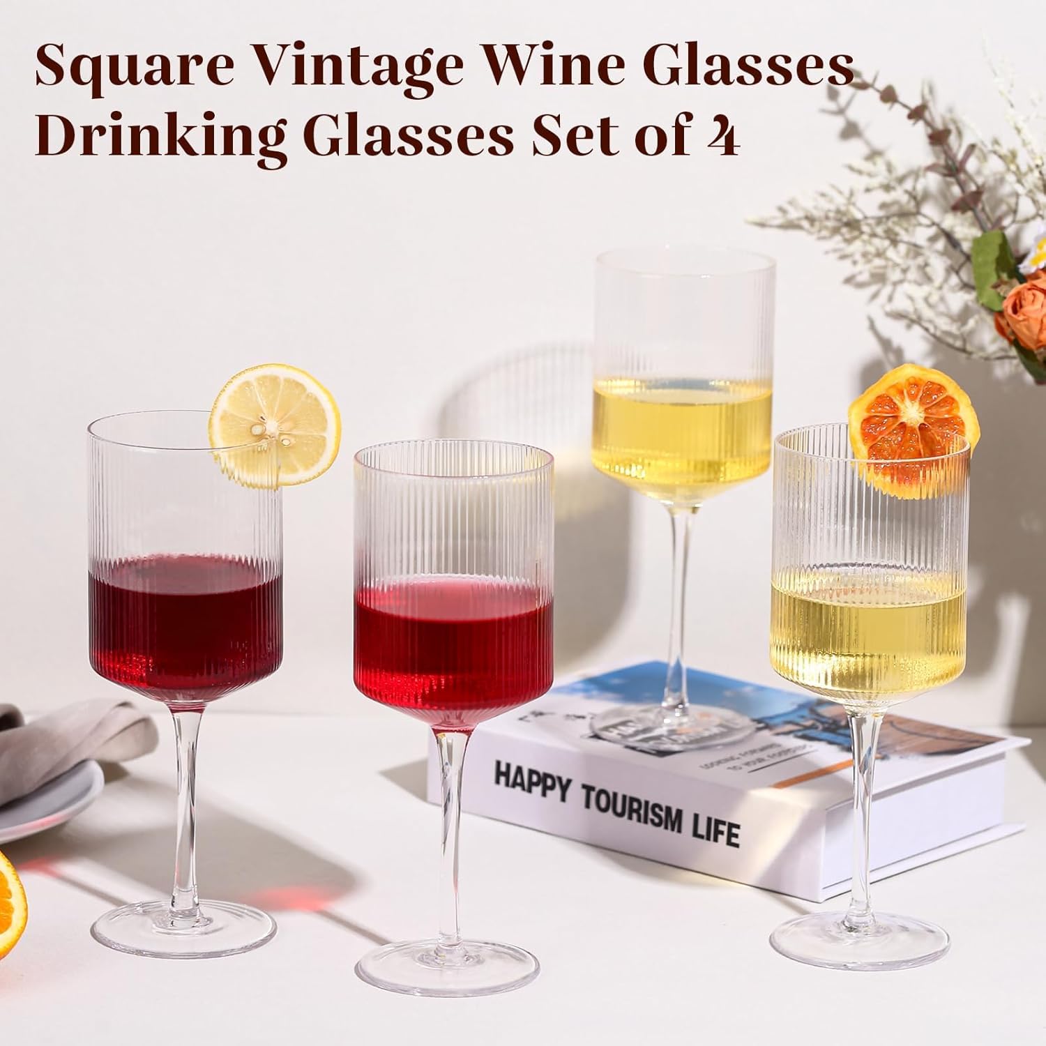 Ribbed Square Wine Glasses Set of 4 – 15oz Hand Blown Ribbed Design Wine Glasses, Unique Vintage Style Drinking Glasses, Red or White Glasses With Long Stem - For Mothers Day, Wedding, Birthday