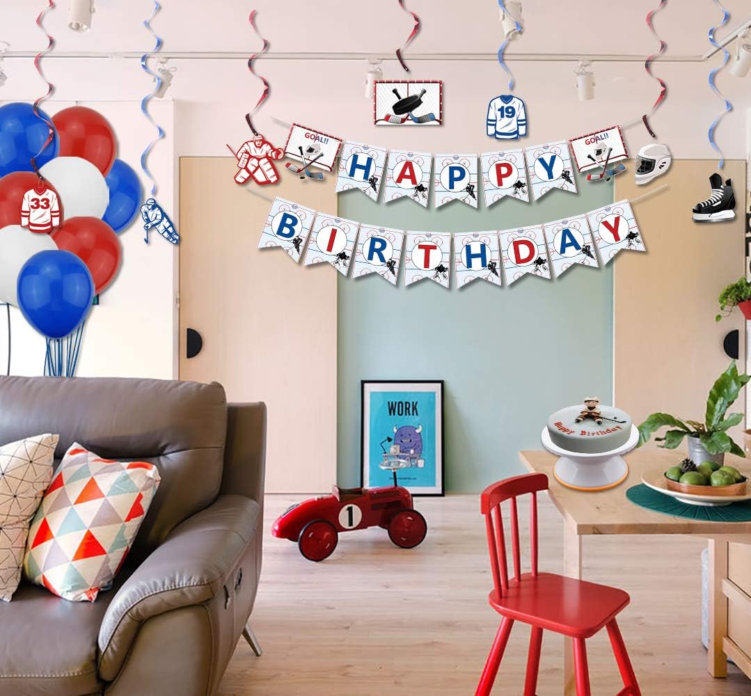 PIXHOTUL Hockey Birthday Party Supplies, Ice Hockey Themed Happy Birthday Banner, 7 Hanging Swirls, 1 Table Cloth, 10 Cake Toppers, 30 Balloons for Kids, Hockey Fans Birthday Party Decorations : Home & Kitchen