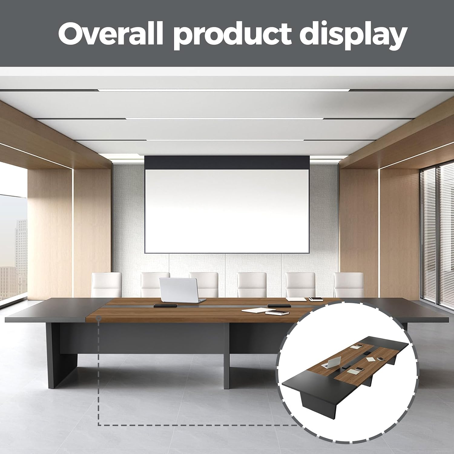 118" Conference Table for 8-10 People with Built-in Power Box and Cable Management, 2" Thick Rectangular Meeting Table with Trapezoidal Base, Walnut+Gray Boardroom Table