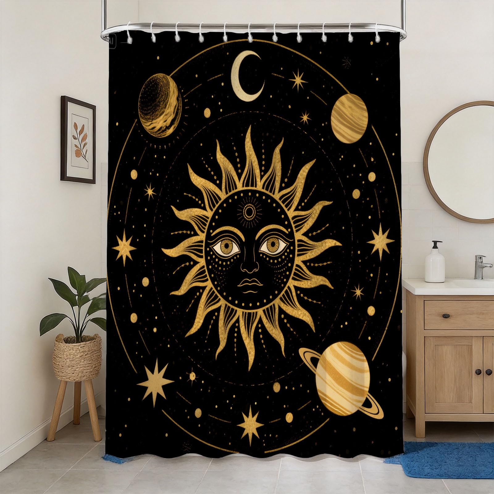 Rideau de douche soleil et lune pour instaurer une ambiance rétro et zen