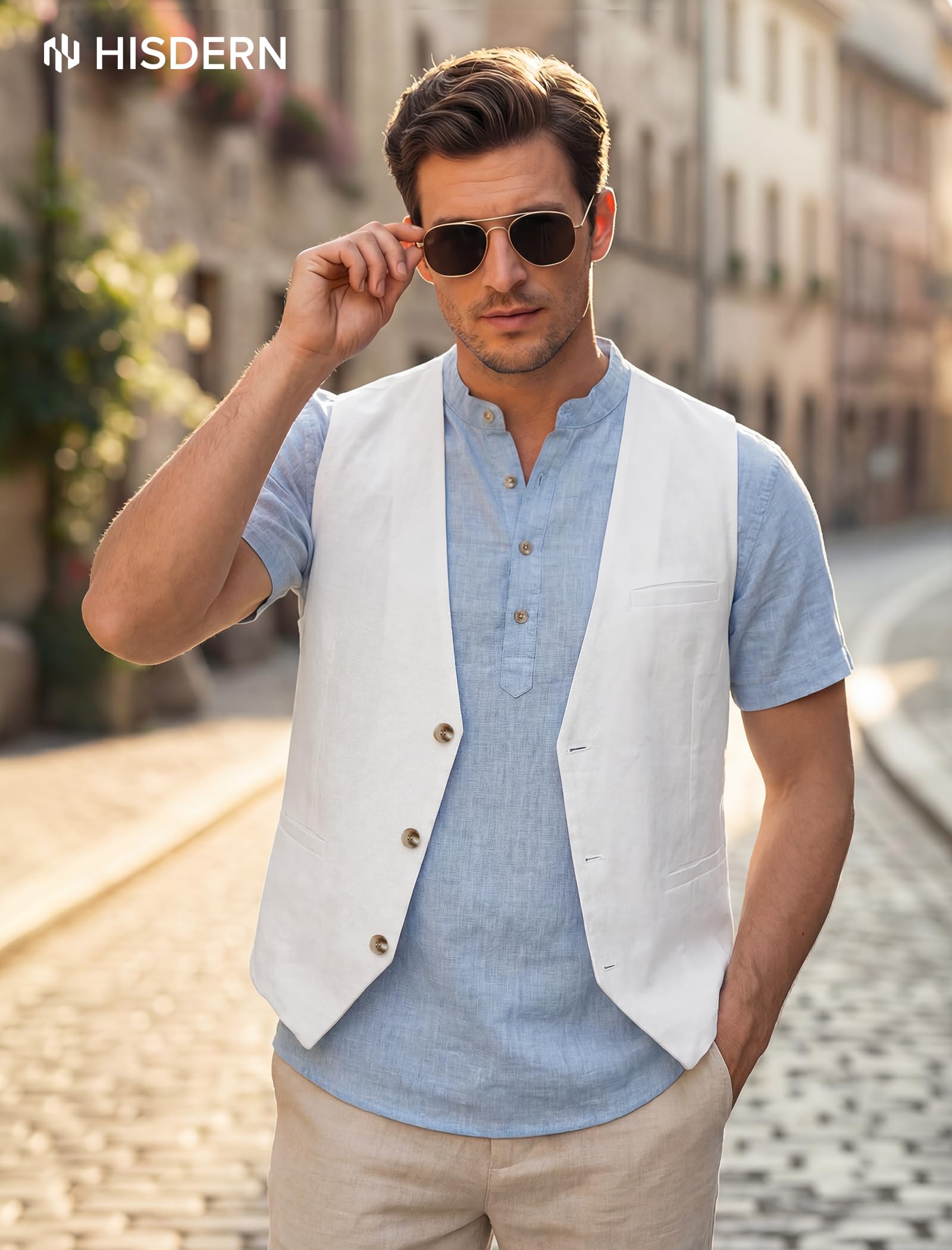 HISDERN Gilet d'été pour homme coton et lin avec poches léger et respirant