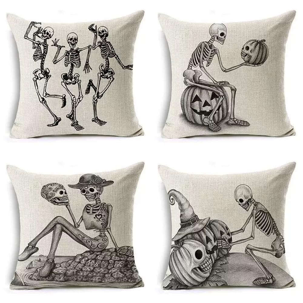 PRK 14 Cushion Covers 4 pcs Halloween Skeletons Funny Bones Gothic Pillow Throws for Livingroom Bedroom Couples Sofa Horror Scary Pillowcase Set 45 x 45cm