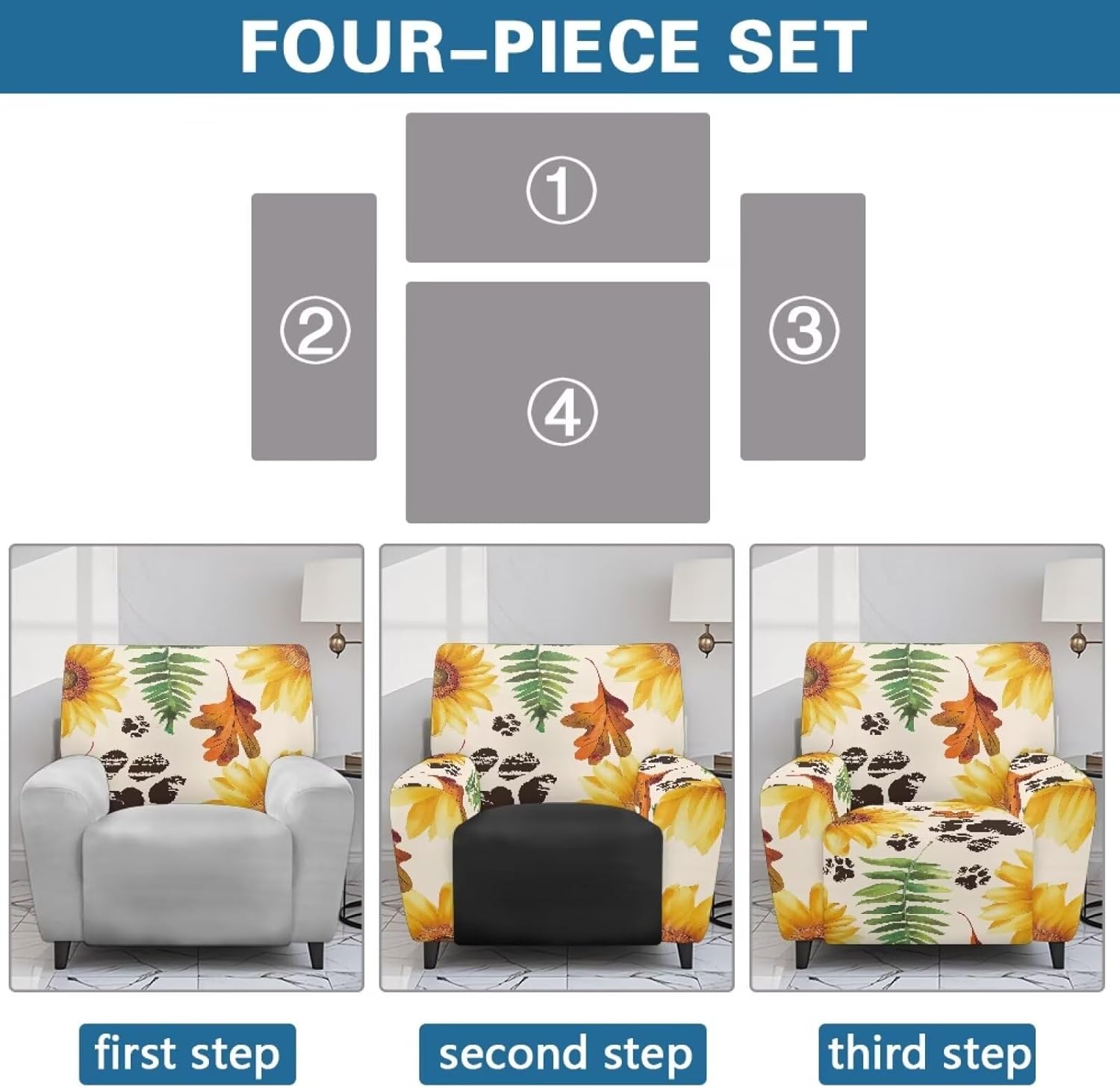 FOR U DESIGNS Sunflower Leaf Paw 4-Piece Stretch Slipcovers for Recliners Sofa Protector with Storage Pockets Elastic Edges Non Slip Washable Cover for Reclining