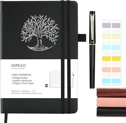 Ospelelf Cuadernos de diario rayados negros para tomar notas, 180 páginas, cuaderno de tapa dura de cuero A5 con bolígrafo, cuaderno de reuniones de