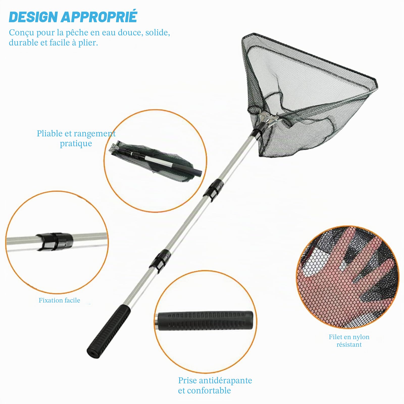Épuisette de Pêche Pliable,190cm Long Manche Téléscopique,Poteau en Alliage d'Aluminium 4 Section/Filet Nylon Triangulaire,Extensible de 37 à 68 Pouces,pour Carpe Truite Crevette Etang Bassin Poisson