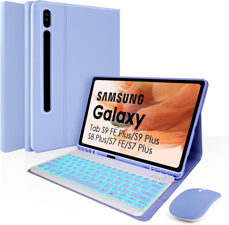 Keyboard Case for Samsung Galaxy Tab S10 Plus/S9 Plus/S9 FE Plus/S8 Plus/S7 Plus/S7 FE 12.4 Inch, 7 Color Backlit, Detachable Bluetooth Keyboard Case with Wireless Mouse and S Pen Holder, Purple