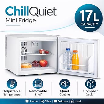 bar@drinkstuff ChillQuiet 17L Mini Fridge White – Lockable Countertop Mini Bar Fridge, Quiet Thermoelectric Cooling (38dB), Bedroom Office Hotel Drinks Cooler [Energy Class G]