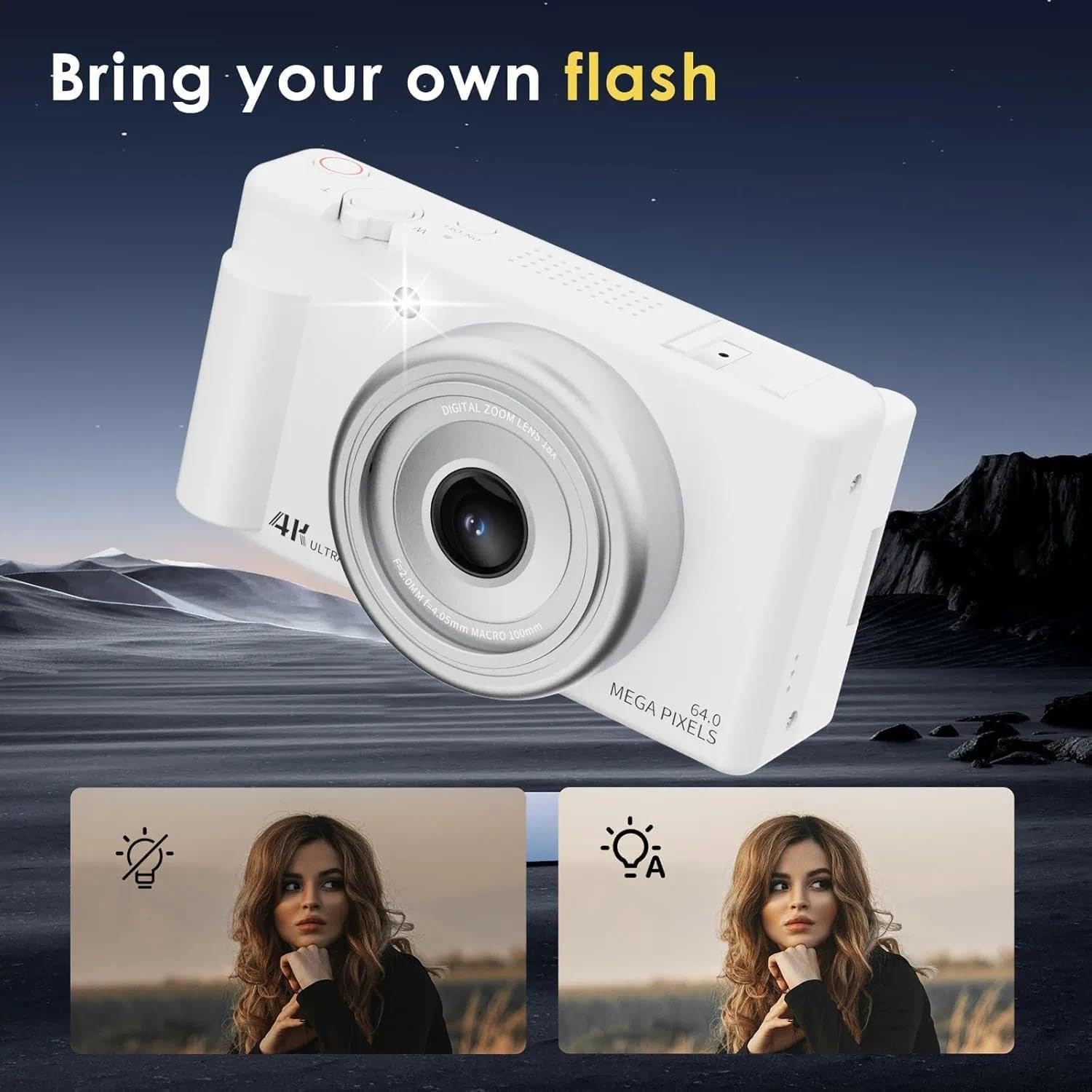 4K Digital Camera for Photography 64MP Vlogging Camera for YouTube Video 2.8'' 270° Flip Screen Travel Cameras 16X Zoom Cameras with 32GB Card, 2 Batteries