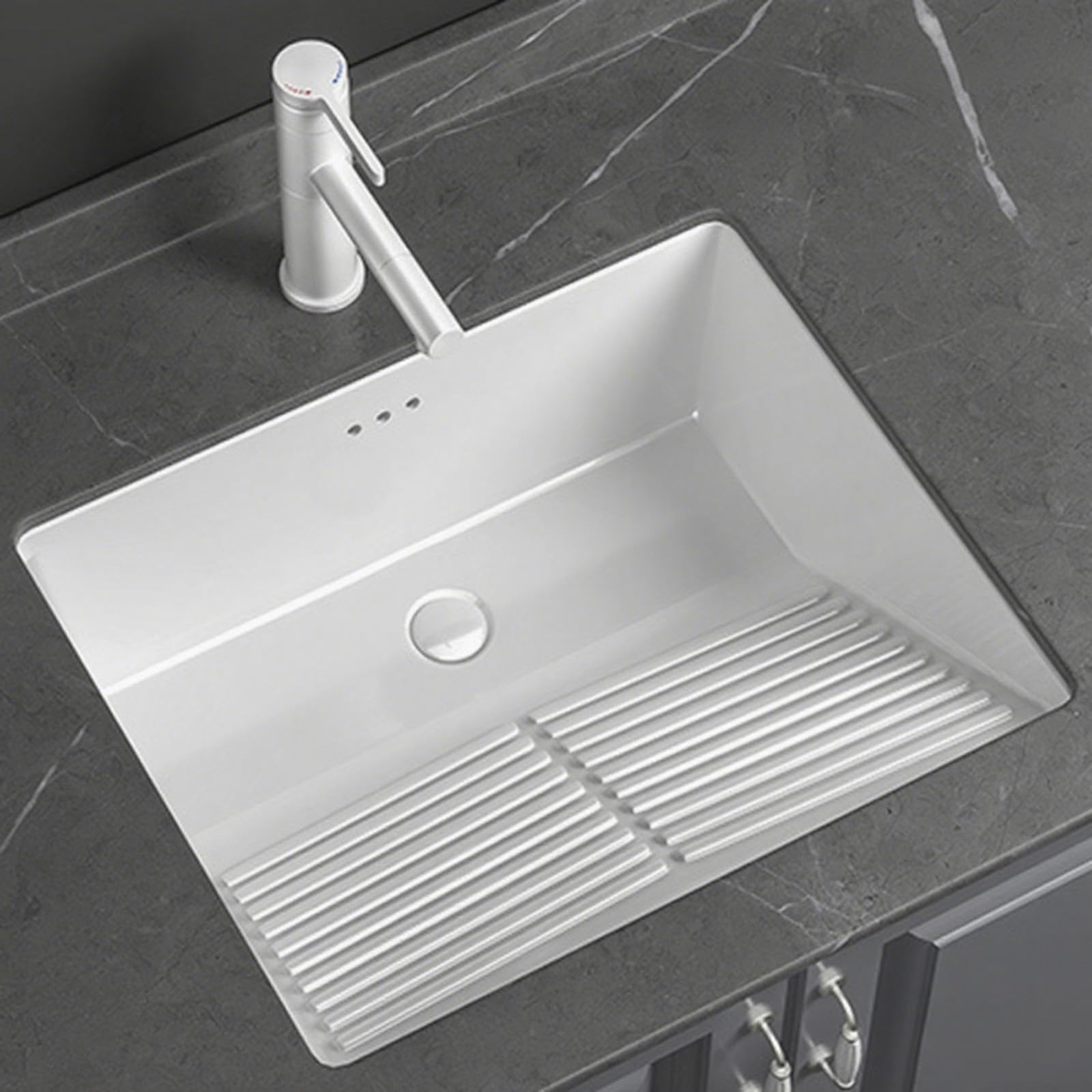 Évier en porcelaine avec égouttoir intégré et kit de bonde complet pour buanderie