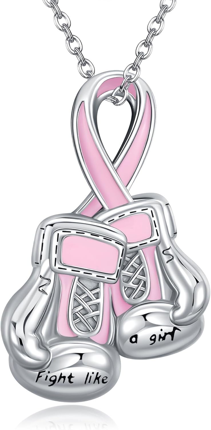 Breast Cancer Necklace Sterling Silver Breast Cancer Awareness Necklace Boxing Glove Jewelry Present for Women Mom