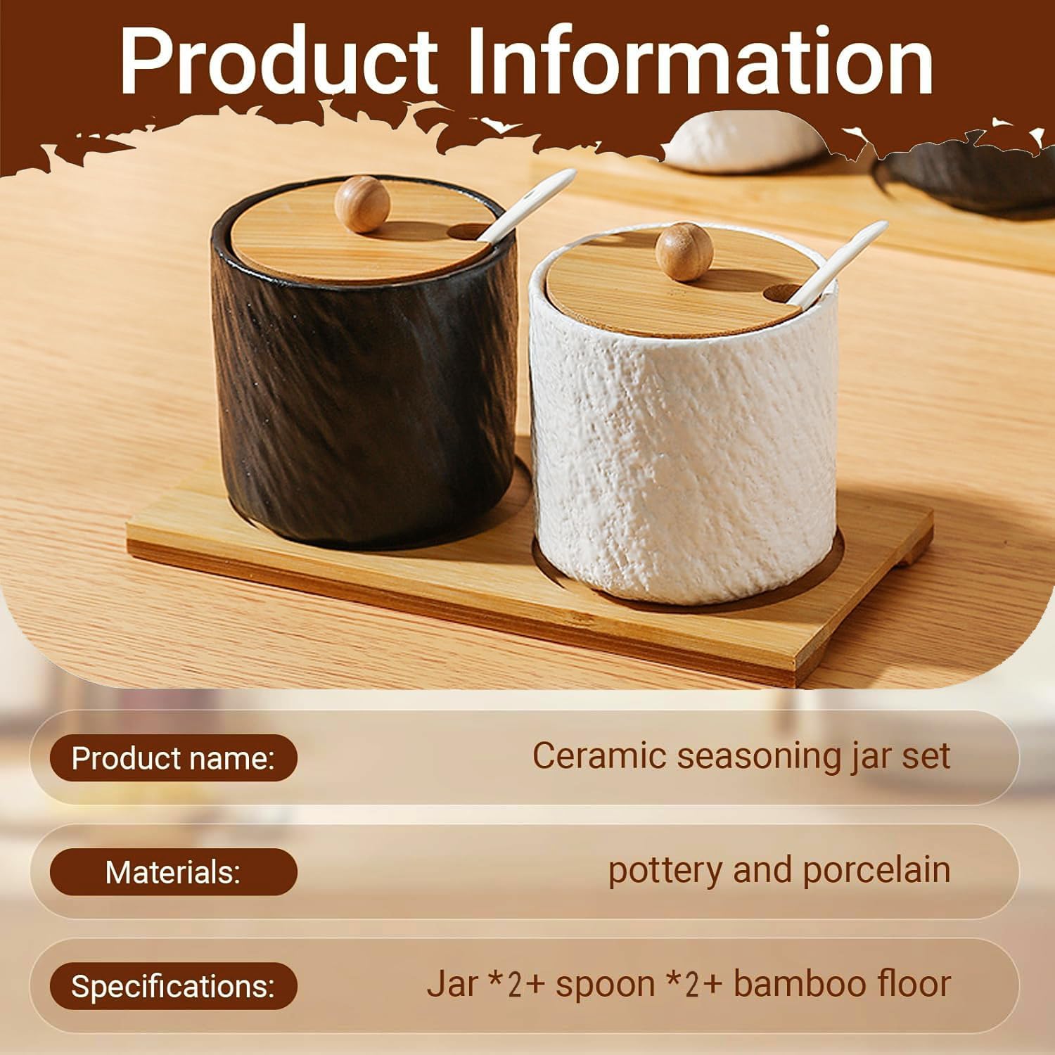 Kitchen ceramic condiment jars sugar jars spice jars chili jars with lid spoons, seasoning oil can containers, 2 jars with tray set. Black,240 ml ,8.45 ounces,for sugar bowl, spice. (1H1B-yanshiwen)