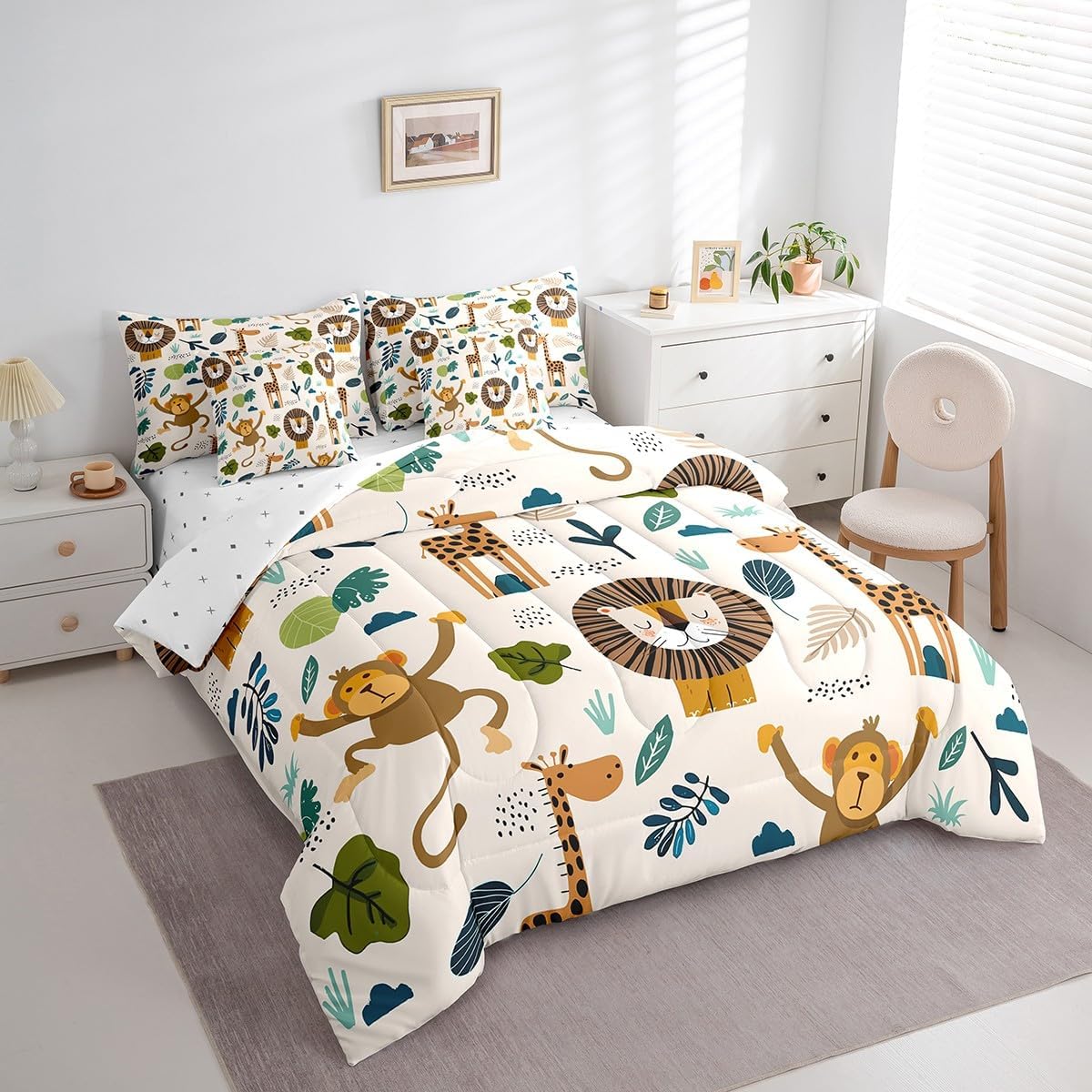 Feelyou Safari Animals 7 Piece Bedding Set Queen, Cartoon Lion Giraffe Comforter Set with Sheets Cute Monkey Bed in a Bag for Kids Nature Wildlife Bed Set