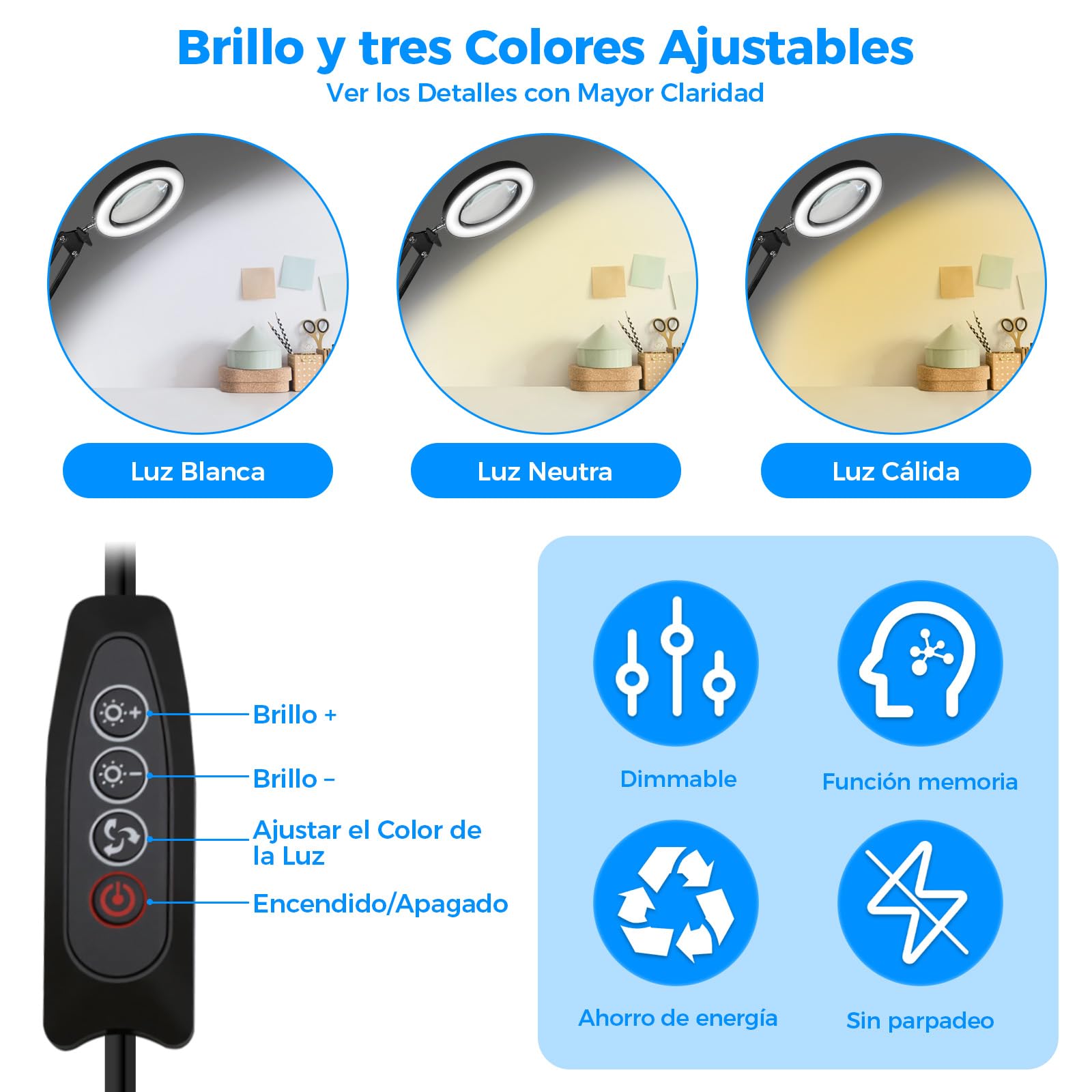 Lupa con Luz y Soporte, Lupa LED de 10 Aumentos con Clip | Lámpara de Aumento, 3 Modos de Color y Lupa LED Regulable, Ideal para Reparaciones de Bricolaje y Primeros Planos