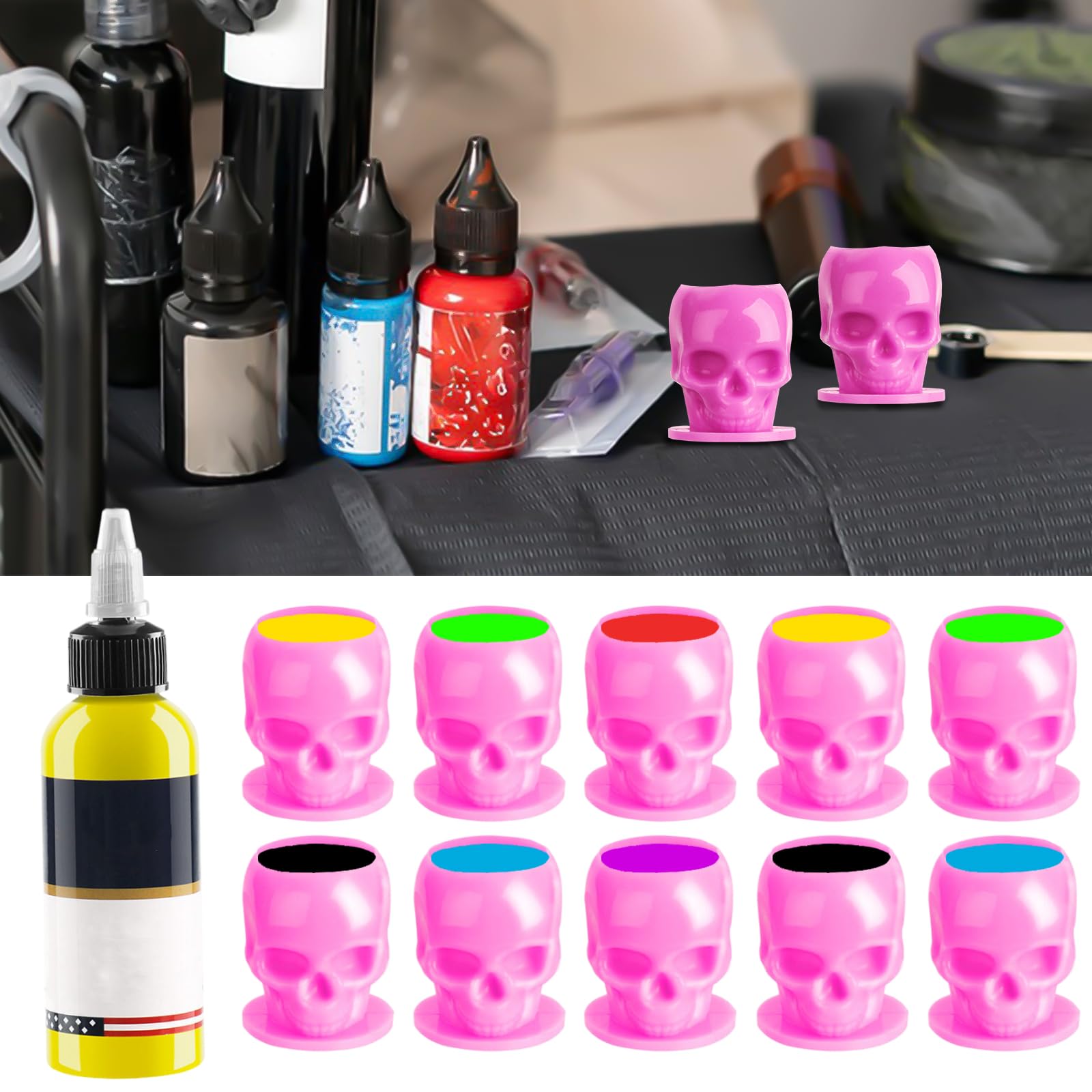 Bohue 100pcs Skull Shaped Tattoo Ink Cups Large Tattoo Ink Cups with Base Self-Stand Container Plastic Pigment Caps Cups for Ink - Image 3