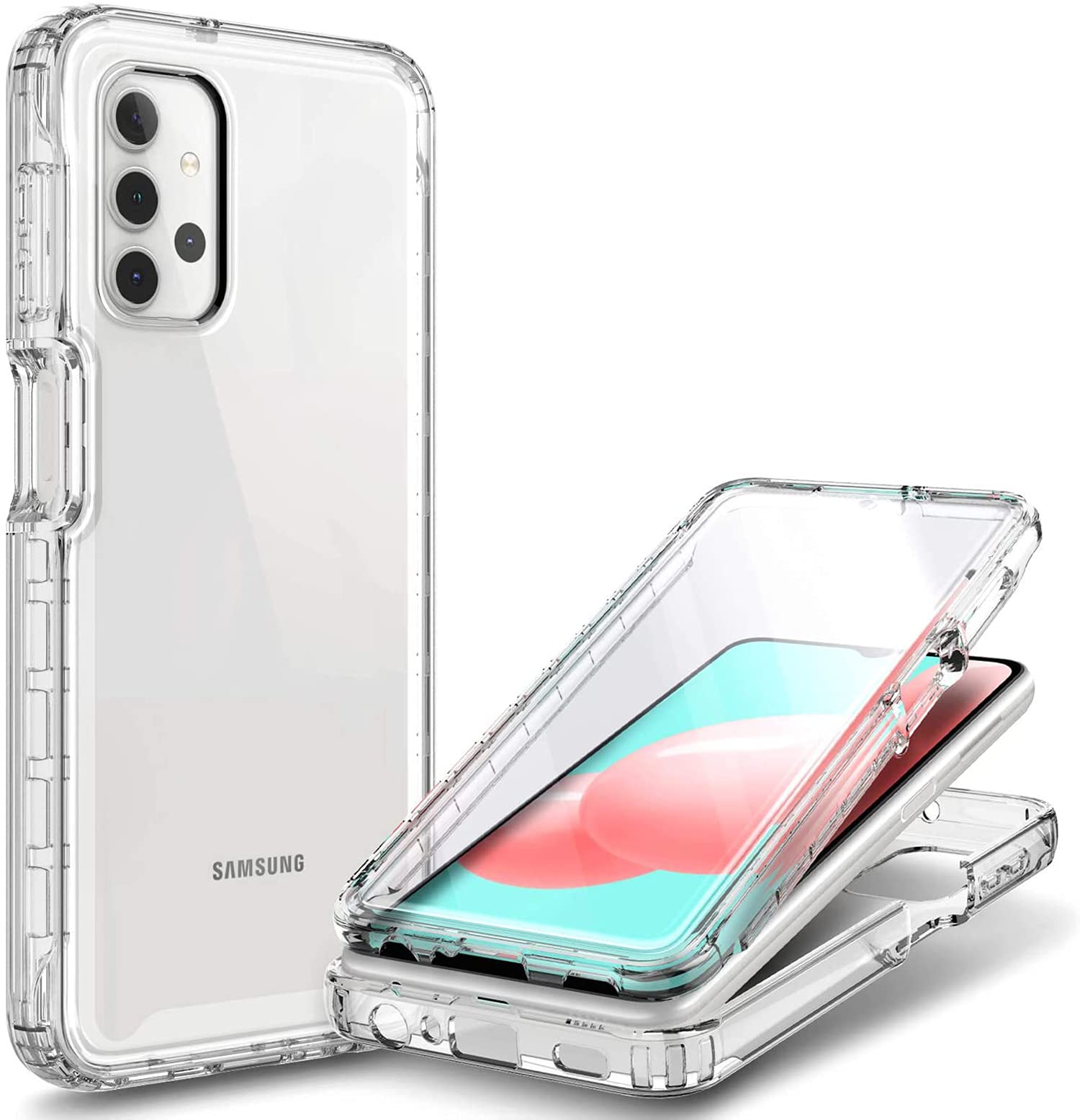 DELFINO Case for Samsung Galaxy A32 5G with Built-In Screen Protector, Full-Body Protective Shockproof Rugged Bumper Cover, Impact Resist Durable Phone Case, Clear Glitter Case(Clear)