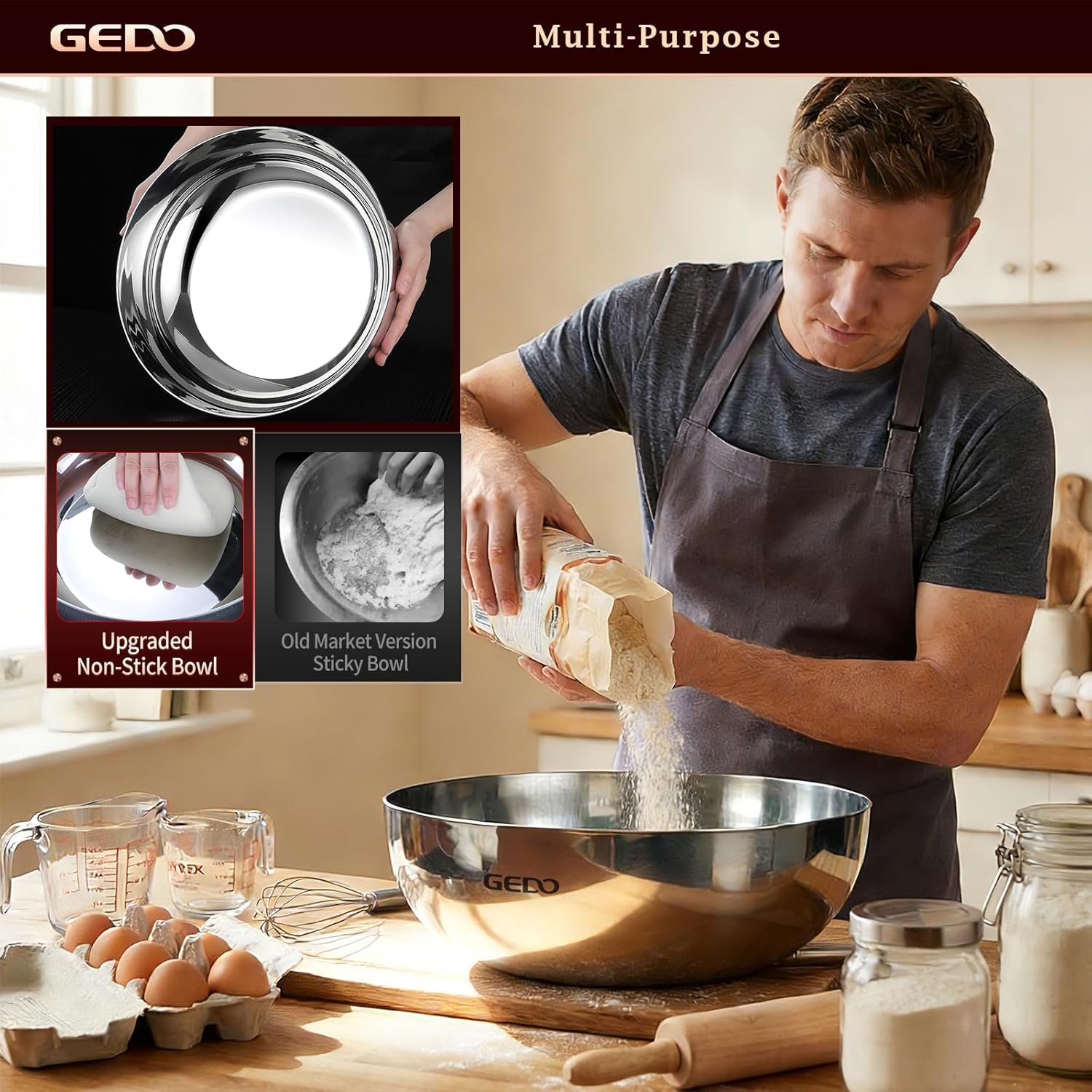 GEDO Triple-Layer 304 Stainless Steel Mixing Bowl, All Stovetop Compatible Deep Large Capacity Bowl with Non-Stick Mirror Polished Interior for Kneading Dough, Baking, Cooking (11.8in / 30cm)