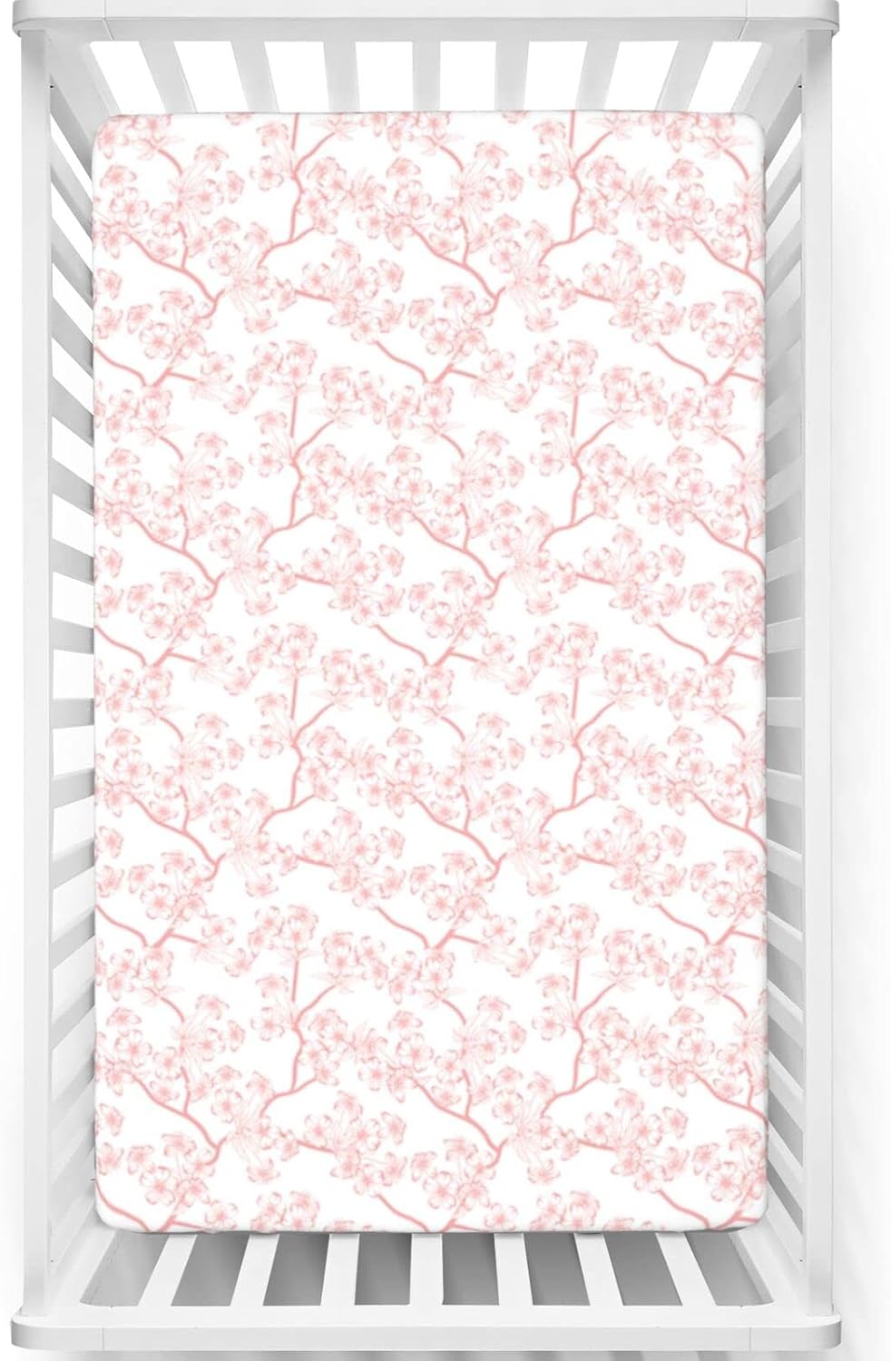 Cherry Blossom Themed Fitted Mini Crib Sheets,Soft Toddler Mattress Sheet Fitted - Great for Boy or Girl Room or Nursery,Pale Pink White Ruby,38“ x24“