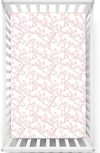Sábana bajera ajustable para cuna pequeña con temática de flor de cerezo, material ultrasuave, sábana de bebé para niños y niñas, coral blanco, 24 x