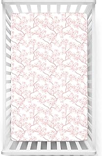 Cherry Blossom Themed Fitted Mini Crib Sheets,Ultra Soft Material - Baby Sheet for Boys Girls,White Coral,24 x 38 Inch