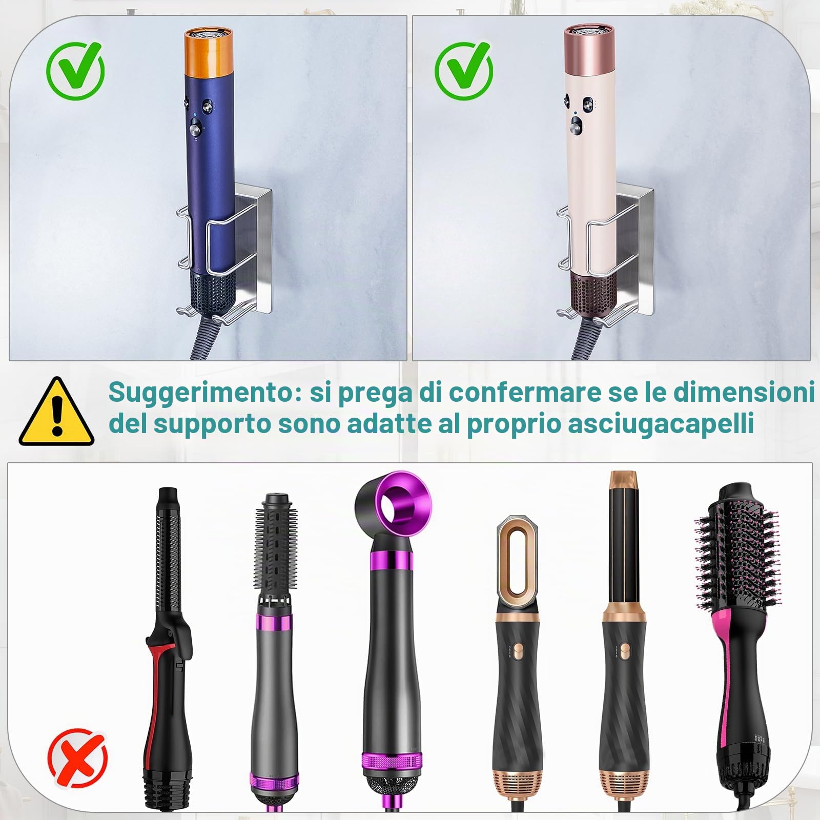 GGQ Supporto per asciugacapelli e piastra, porta phon senza foratura, porta phon da muro, contenitore per piastra e asciugacapelli, appendi phon bagno autoadesivo (Argento)