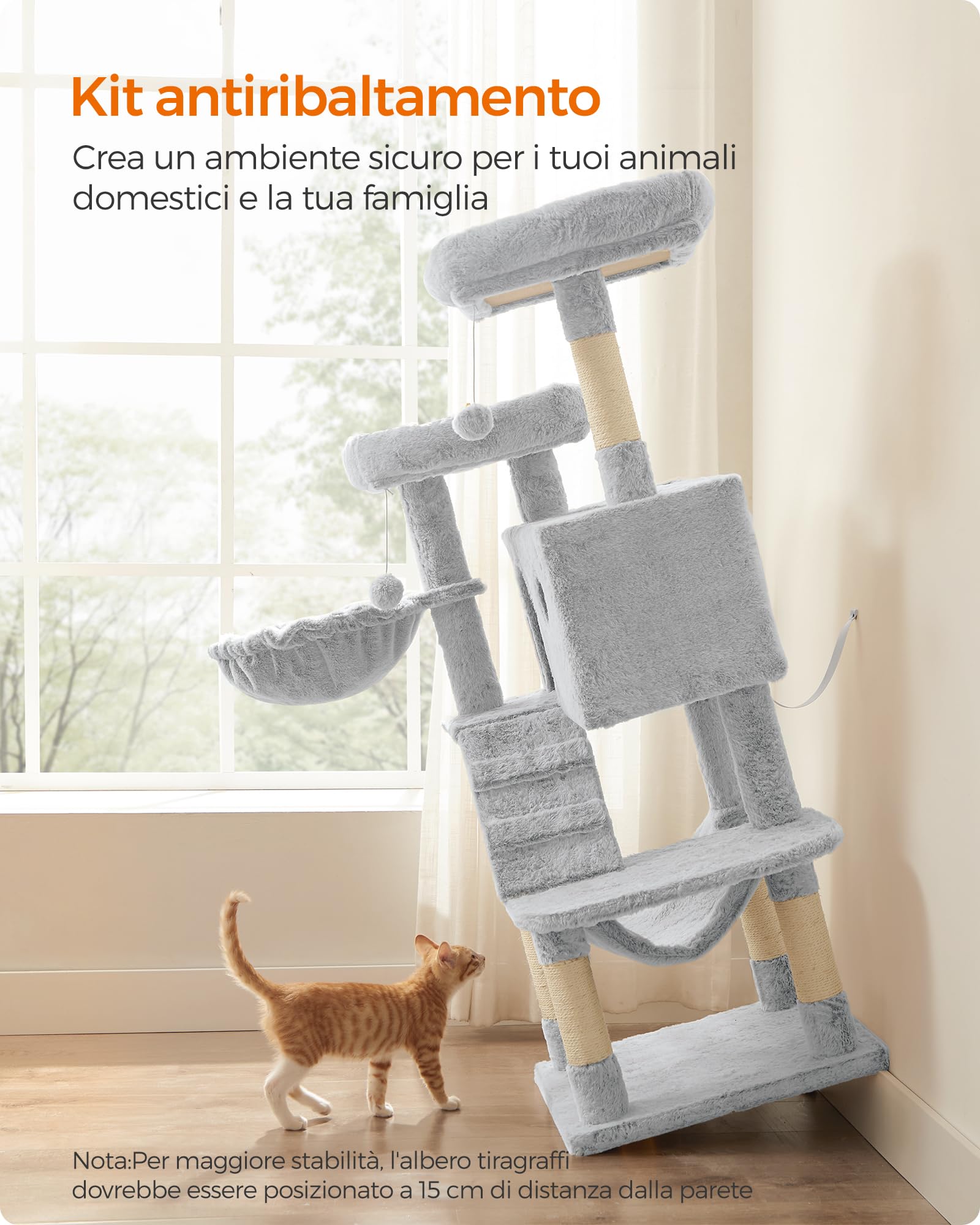 Feandrea Albero per Gatti, Tiragraffi, Morbido, Ombré Grigio Bianco PCT162W01