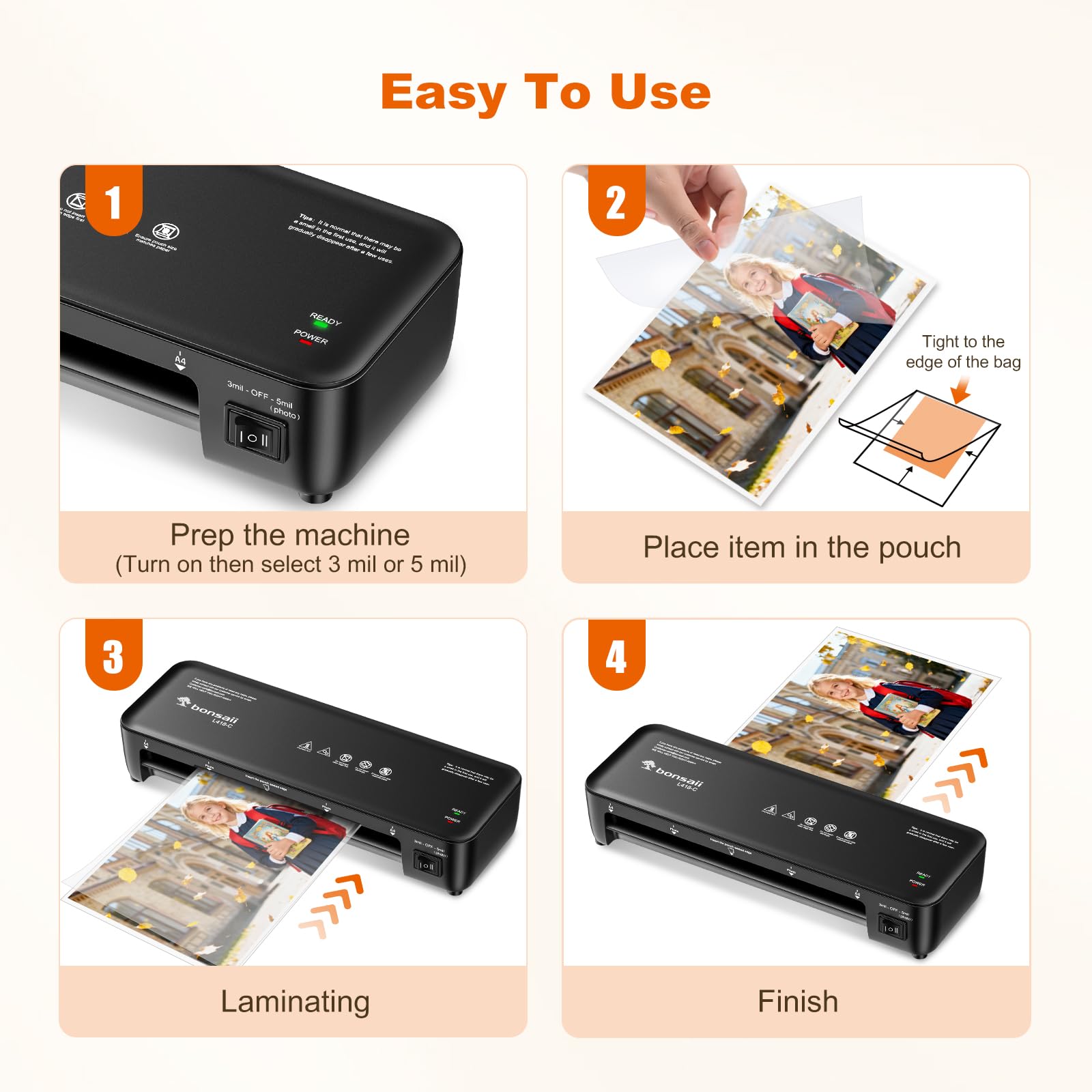 Bonsaii Laminator, 9 Inch Thermal Laminator Machine with Never Jam Technology for Doc/Posters/Photo, Personal Laminating Machine Simple Convenient for Home, Office and School Black