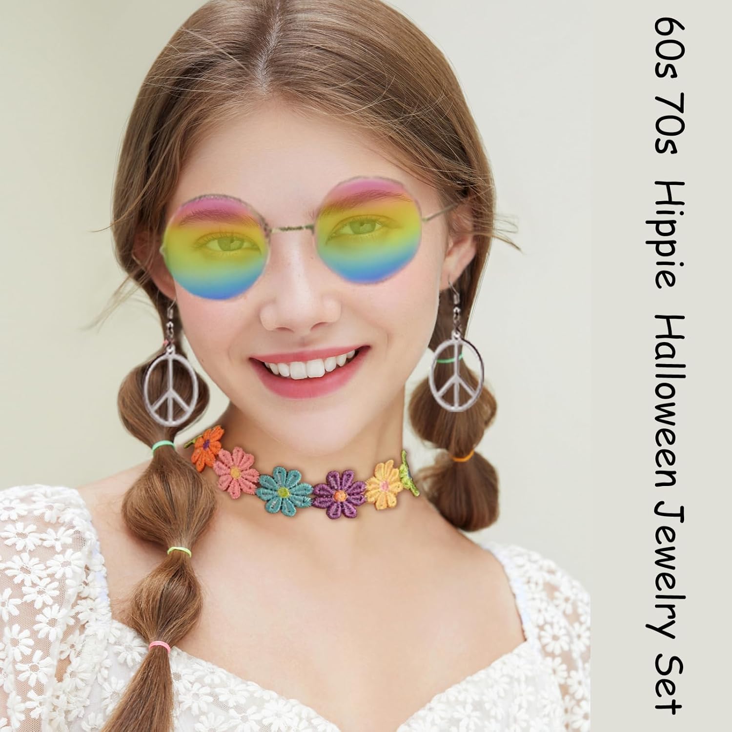 Hippie Costume Accessories for Women Peace Sign Earrings Necklace Flower Headband Sunglasses 60s 70s Accessories - Image 3